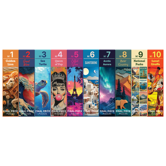 Set of 10 colorful puzzle boxes with various designs on a white background