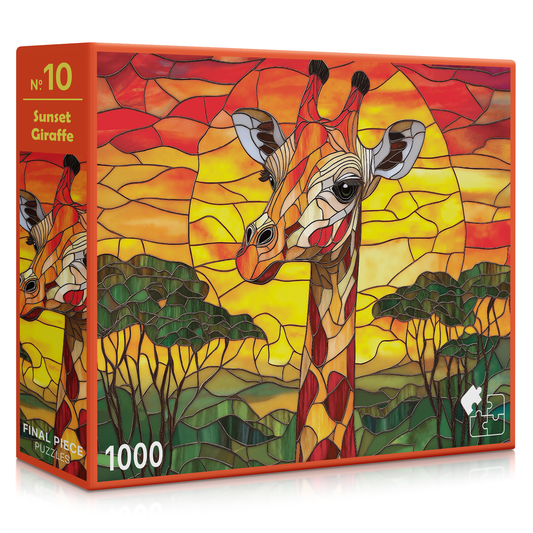 Jigsaw puzzle box featuring a colorful design of a giraffe and deer against a sunset background.