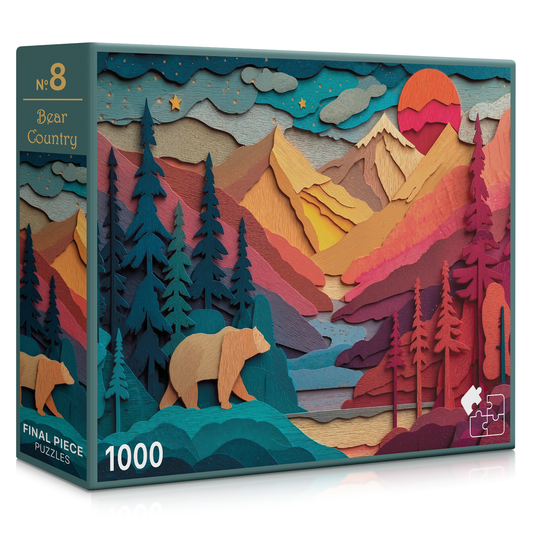 Puzzle box with a colorful mountain and bear design on a white background
