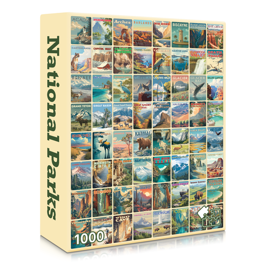 Jigsaw puzzle box featuring images of national parks on a white background